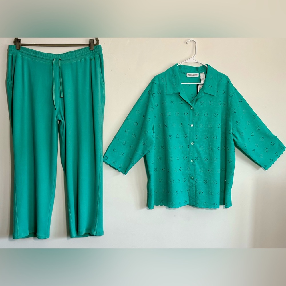ELISABETH Green Eyelet 3/4 Length Sleeve Buttondown Shirt 2X